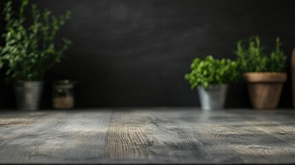 Gray Wooden Table in Minimalist Kitchen Setting with Greenery Plants and Dark Background