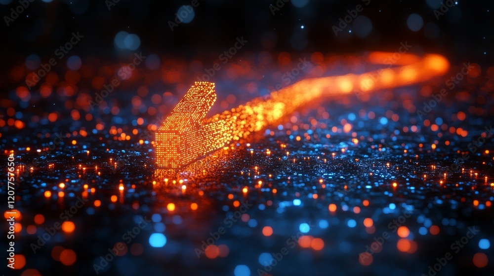 Poster sparkling orange arrow pointing upwards on a dark background with shimmering particles and light