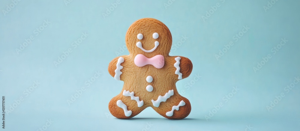 Poster delightful gingerbread cookie with icing in soft blue background featuring playful design and empty 