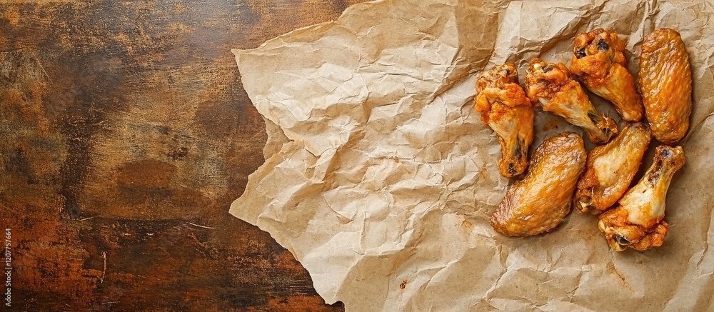 Poster golden brown fried chicken wings arranged on textured crumpled paper against a rustic wooden backgro