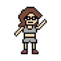 Cartoon pixel character cute woman exercises training dance lifestyle music decoration life style 8 bit female girl dance with music game 8bit fitness isolated PNG vector.