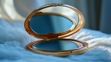 Elegant gold compact mirror reflecting soft natural light on a cozy surface