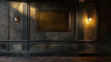 Elegant Interior Setting of Historic Museum Wall Featuring Classic Bronze Plaque with Soft Ambient Lighting and Rich Earthy Tones in Dark Atmosphere