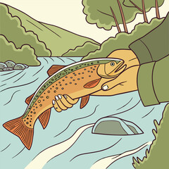 Sustainable Fishing Practices Releasing a Brown Trout in a Pristine River