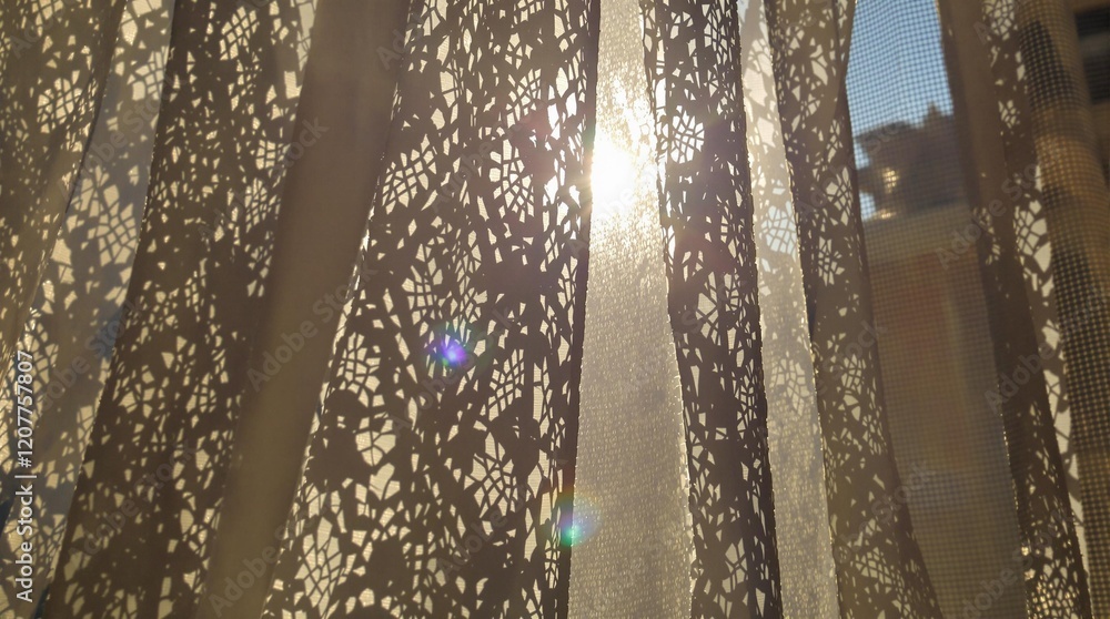 Poster a close-up of a lace curtain with sunlight shining through it, creating a warm and soft glow. the cu