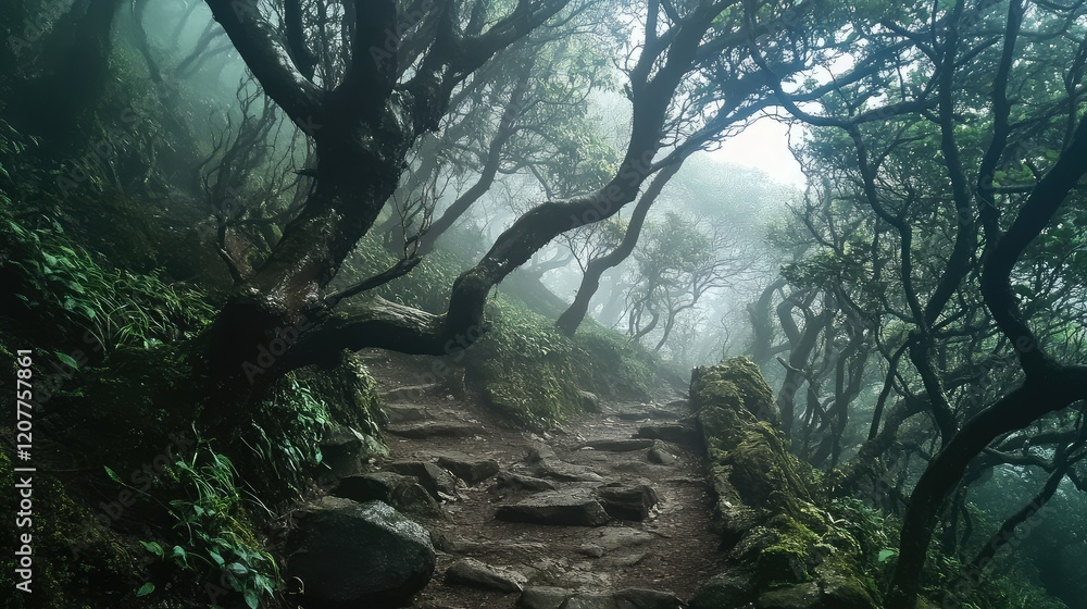 Poster enigmatic misty forest pathway with twisted trees and ethereal fog in enveloping greenery, capturing