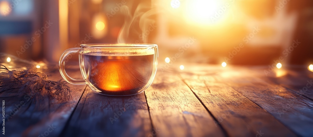 Poster warm lighting close-up of transparent glass coffee cup on rustic wooden table in cozy kitchen settin