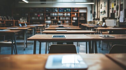 Empty Classroom with Tablets on Desks, Modern School Setting