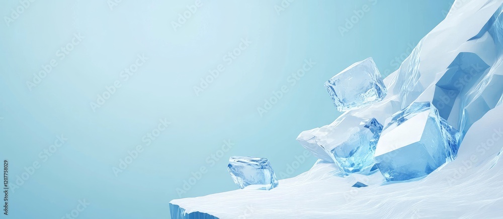 Poster falling glacial ice blocks on precarious alpine edge with crystal blue background and empty space fo