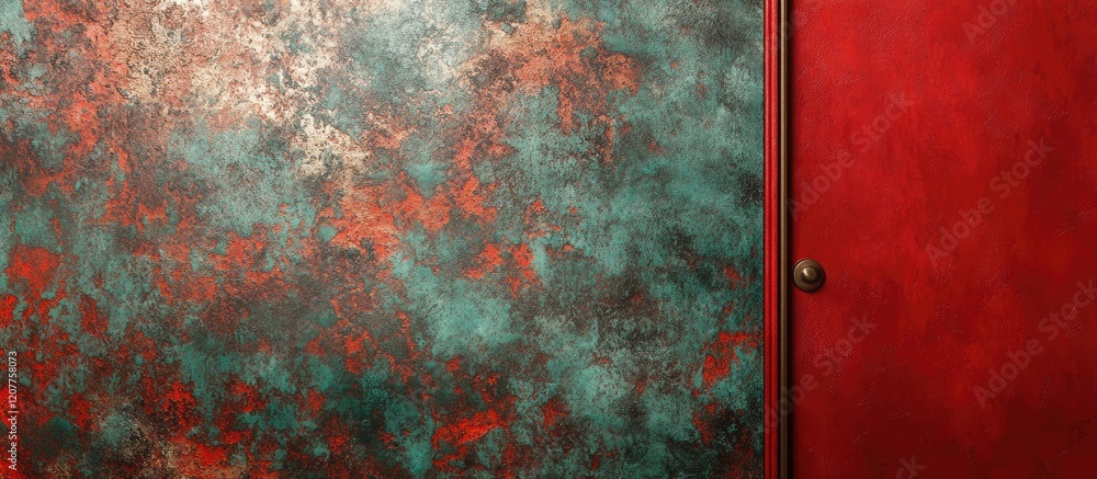 Poster glamorous rusted bronze and emerald marble textured wall with vibrant red door backdrop and ample em