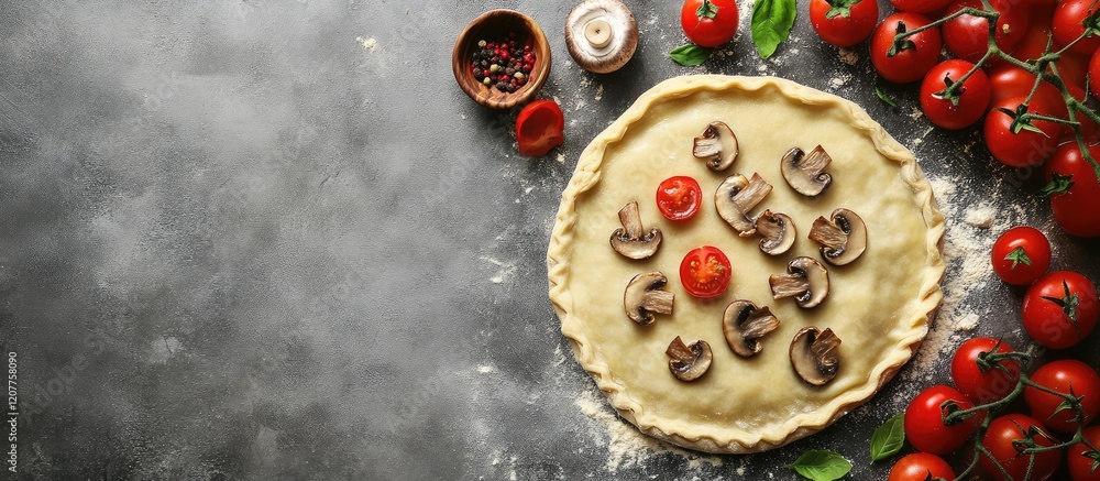 Poster homemade mushroom ravioli with fresh cherry tomatoes on dark gray granite surface with empty space f