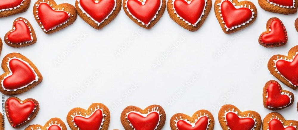 Poster gingerbread heart cookies with vibrant red icing on white background framed for text space top view 