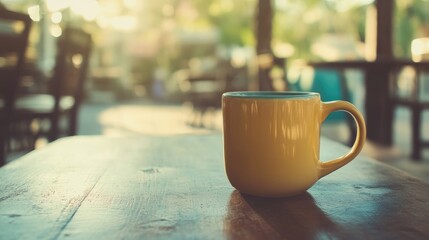 Fototapeta premium Vintage Coffee Shop Morning Scene with Yellow Mug on Wooden Table Ideal for Coffee Culture and Relaxation Themes