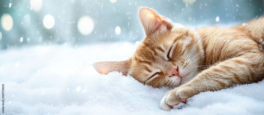 Poster ginger tabby cat resting serene in soft white snow with blue winter background and floating bokeh li