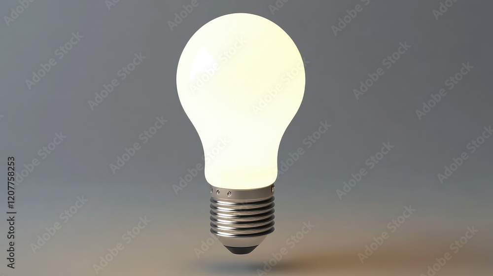 Poster close-up of a glowing white energy-efficient light bulb on a soft gray background showcasing modern 