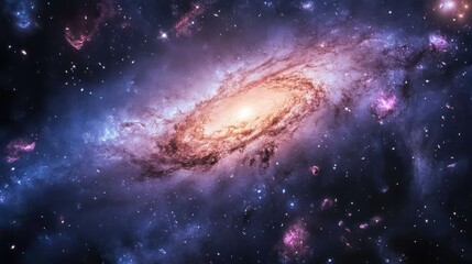 Majestic Swirling Spiral Galaxy with Ethereal Purple and Blue Nebulae Illuminating Cosmic Depths in a Starry Night Background