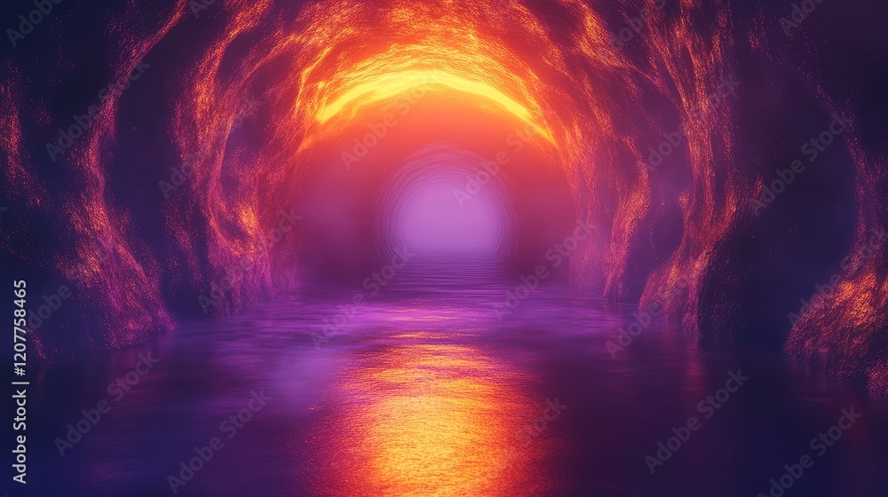 Poster mysterious glowing tunnel illuminated with warm orange and purple hues, fog on water surface, creati
