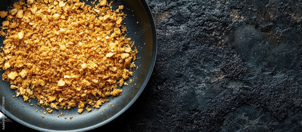 Poster golden fried breadcrumbs with spices in a black frying pan on dark textured background with empty sp