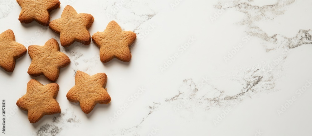 Poster gingerbread star cookies in warm brown color arranged on marble surface with empty white space for c