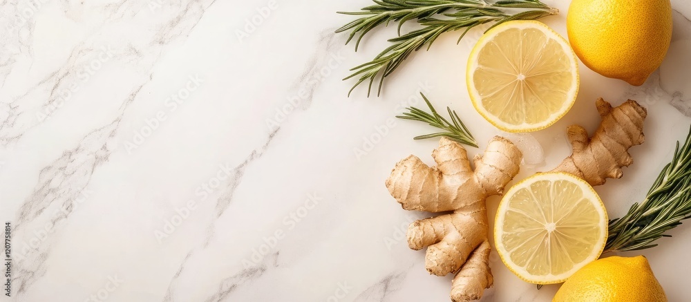 Poster refreshing ginger lemonade mocktail with rosemary and fresh lemons on elegant white marble surface w