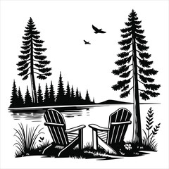 Fototapeta premium Vector Illustration of Lake and Forest with Clipart View 