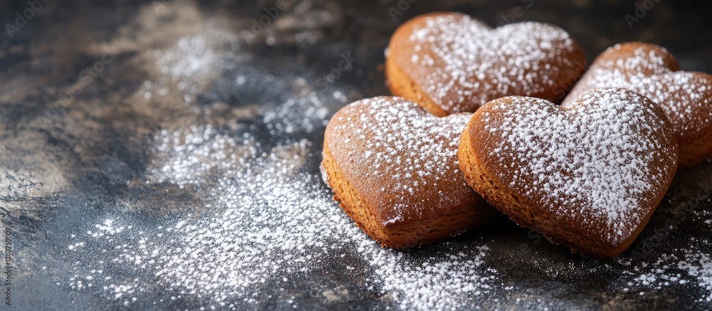 Poster gingerbread heart cookies dusted with powdered sugar on a dark rustic surface with negative space fo
