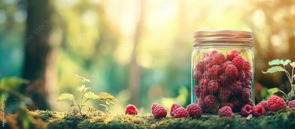 Poster glass jar filled with fresh raspberries on moss in a blurred forest setting with warm sunlight and e