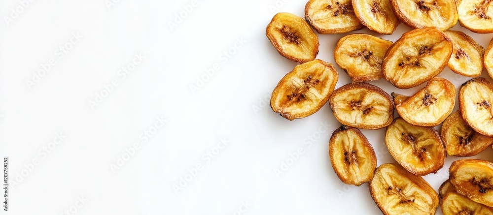 Poster golden fried banana chips arranged on a light white background with ample empty space for text and b