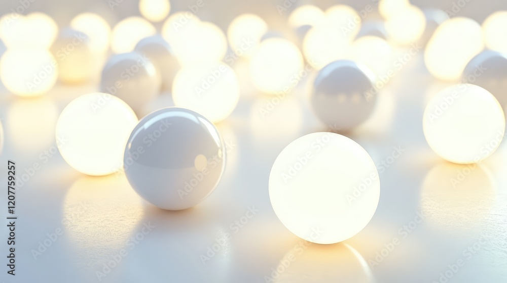 Poster Bright LED spherical lights glowing softly on a clean white surface creating an ethereal ambiance with a modern design aesthetic.