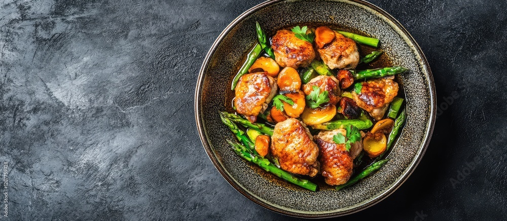 Poster fried quail with asparagus and chanterelles in savory sauce viewed from above on textured dark surfa