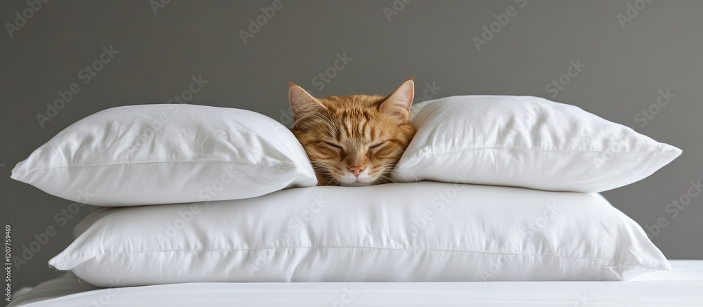 Poster ginger orange tabby cat nestled between fluffy white pillows on a soft gray background with ample em