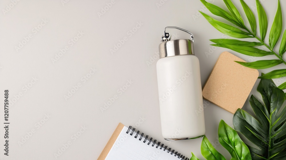 Poster white reusable bottle with green leaves and notebook on light background flat lay style