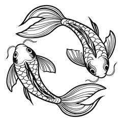 Fototapeta premium Two Koi Fish Swimming in Circular Motion - Detailed Black and White Sketch Engraving
