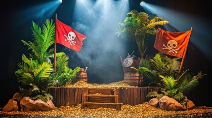 Treasure Island Stage Setup with Pirate Flags and Tropical Foliage