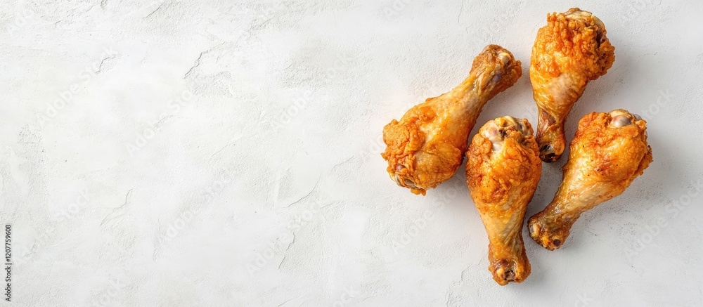 Poster crispy fried chicken drumsticks in golden palm oil on a light stone background with ample empty spac