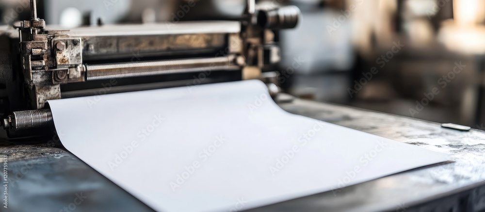 Poster high detail realistic minimalist printing press in industrial setting with fresh ink and copy space 