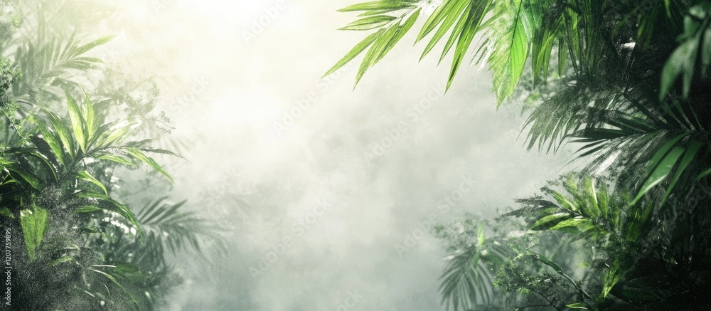 Poster lush rainforest clearing with mist and sunlight creating a serene atmosphere and ample space for tex