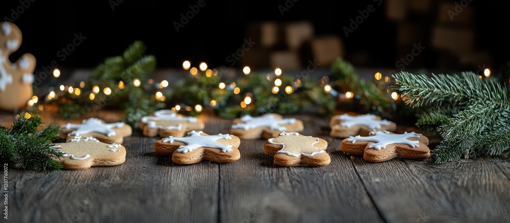 Poster gingerbread cookies decorated with icing surrounded by fir and cypress branches with festive lights 