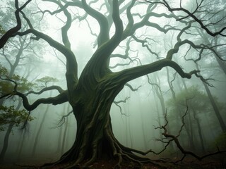 Naklejka premium Ancient tree stands tall in a dense forest surrounded by misty fog and twisted branches, solitude, natural, mystical