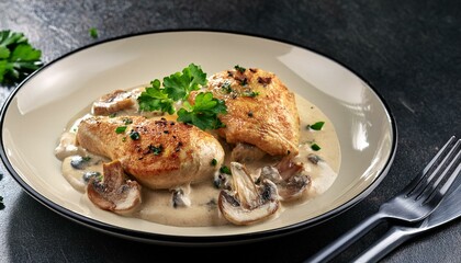 delicious chicken thighs in creamy mushroom sauce with fresh herbs