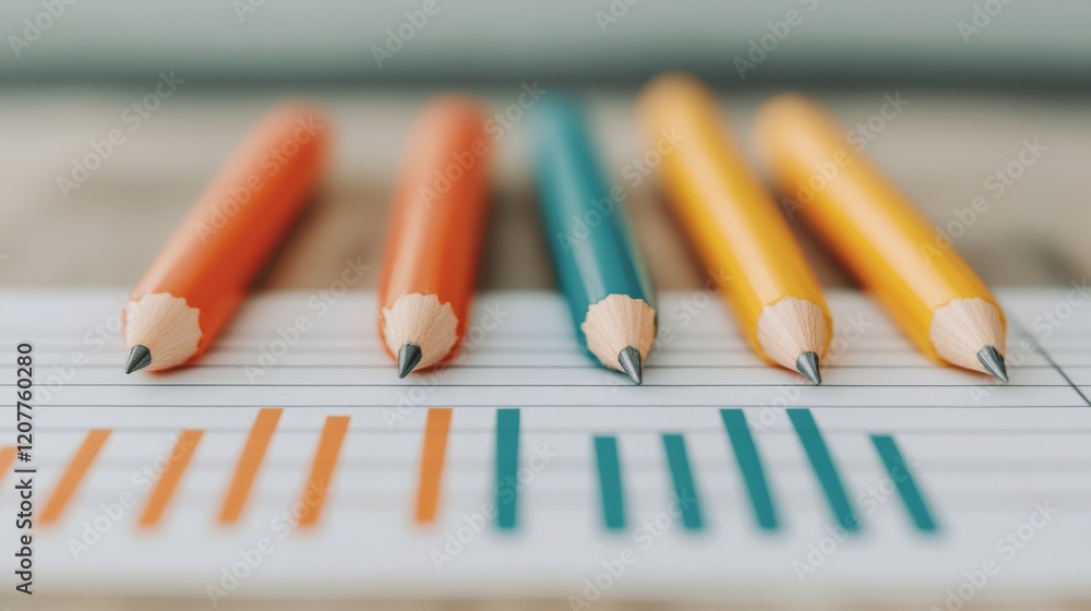 Poster color coded pencils on graph: four sharpened pencils in orange and teal, arranged neatly on a lined 