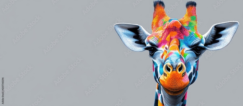 Poster vibrant multicolored giraffe portrait against neutral gray background with copy space for text and c