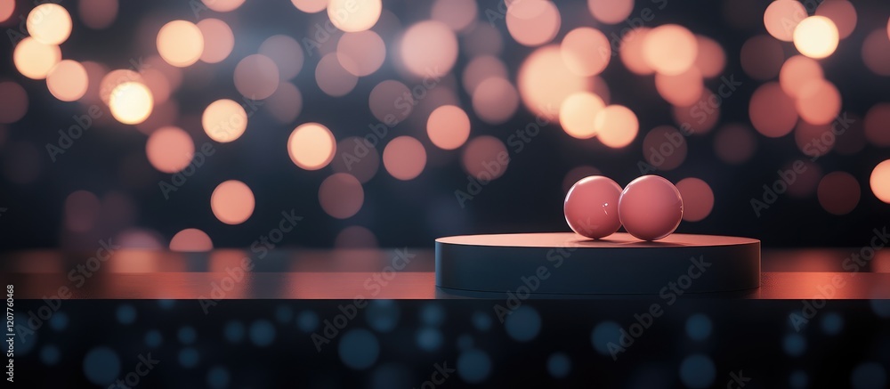 Poster minimalist podium with soft pink spheres set against a blurred bokeh background in warm tones provid
