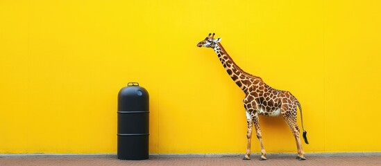 Giraffe standing beside a black gas tank against a vibrant yellow wall with ample empty space for customizable text layout