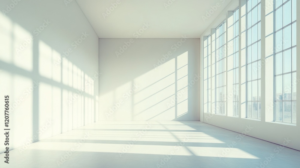 Poster sunlit minimalist interior space with large windows creating a serene atmosphere and an emphasis on 
