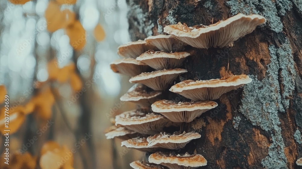 Poster mushrooms on tree trunk surrounded by autumn foliage in a tranquil forest setting