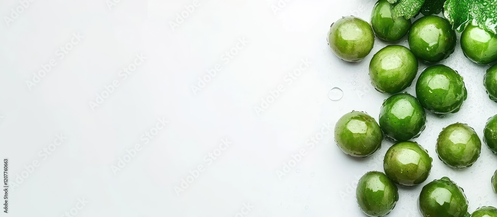 Poster fresh green grapes arranged on a clean white background with ample negative space for text placement