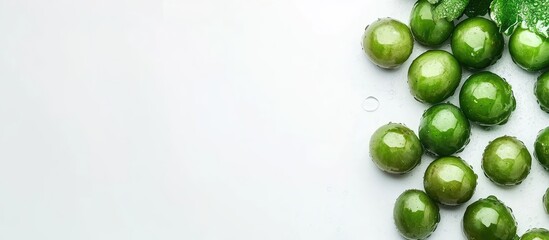 Fresh green grapes arranged on a clean white background with ample negative space for text placement and design elements.