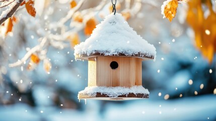 Snow-covered wooden bird feeder hanging outdoors in winter with blurred background and falling snowflakes vertical closeup image