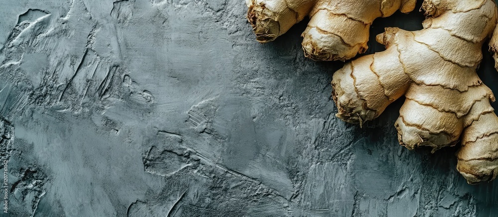 Poster organic ginger root spice close up on grey concrete background with texture and empty copy space for